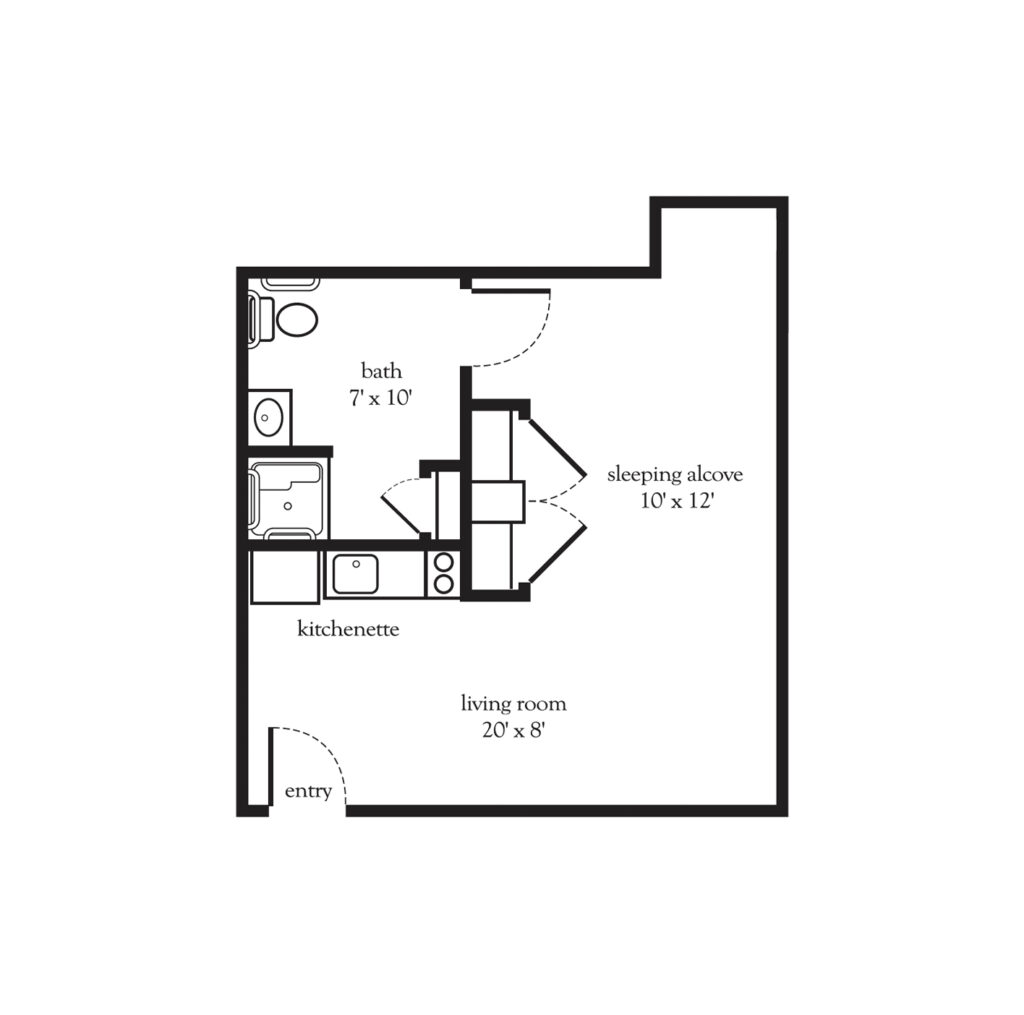 Collier Park layout of a studio apartment with a sleeping alcove, full bath, double closet, and open kitchenette and living room area.
