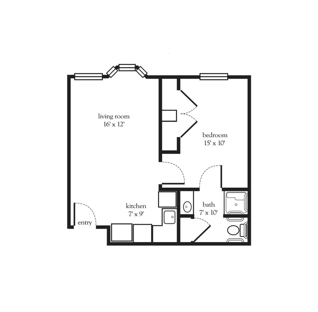 Collier Park layout with one bedroom, full bathroom, double closet, and open living room and kitchen area.