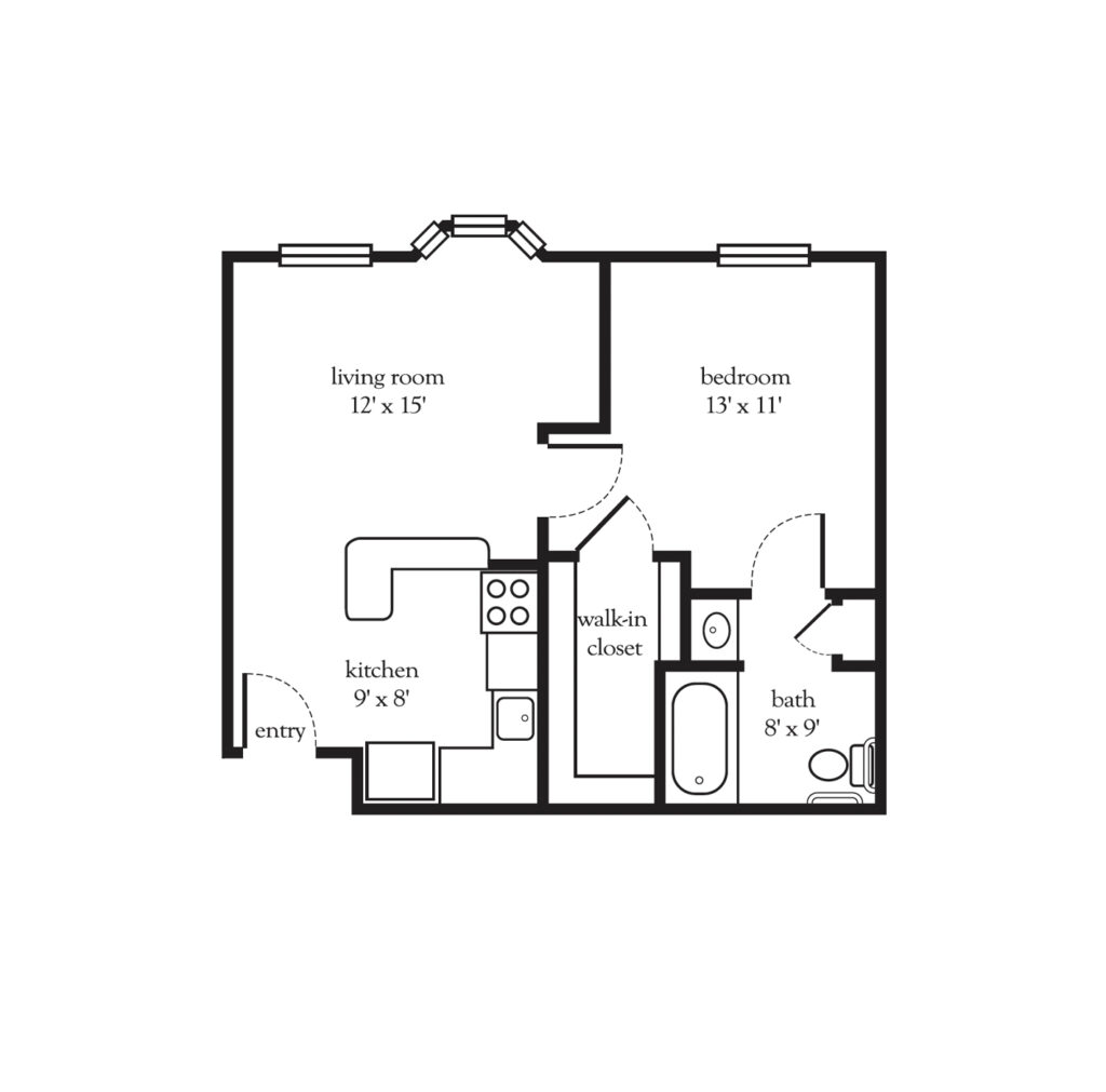 Collier Park layout with one bedroom, full bathroom, walk-in closet, and open living room and kitchen area.