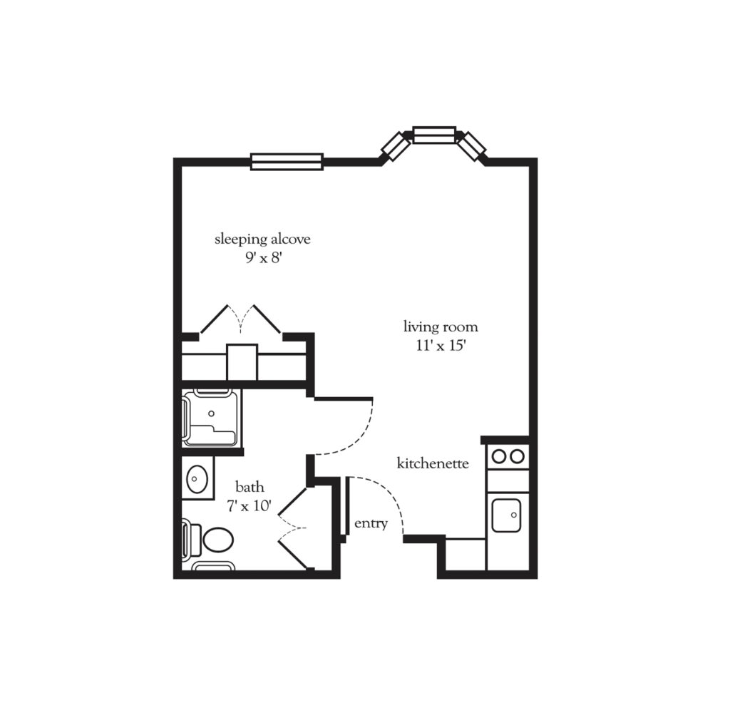 Collier Park layout of a studio apartment with a sleeping alcove, full bath, double closet, and open kitchenette and living room area.