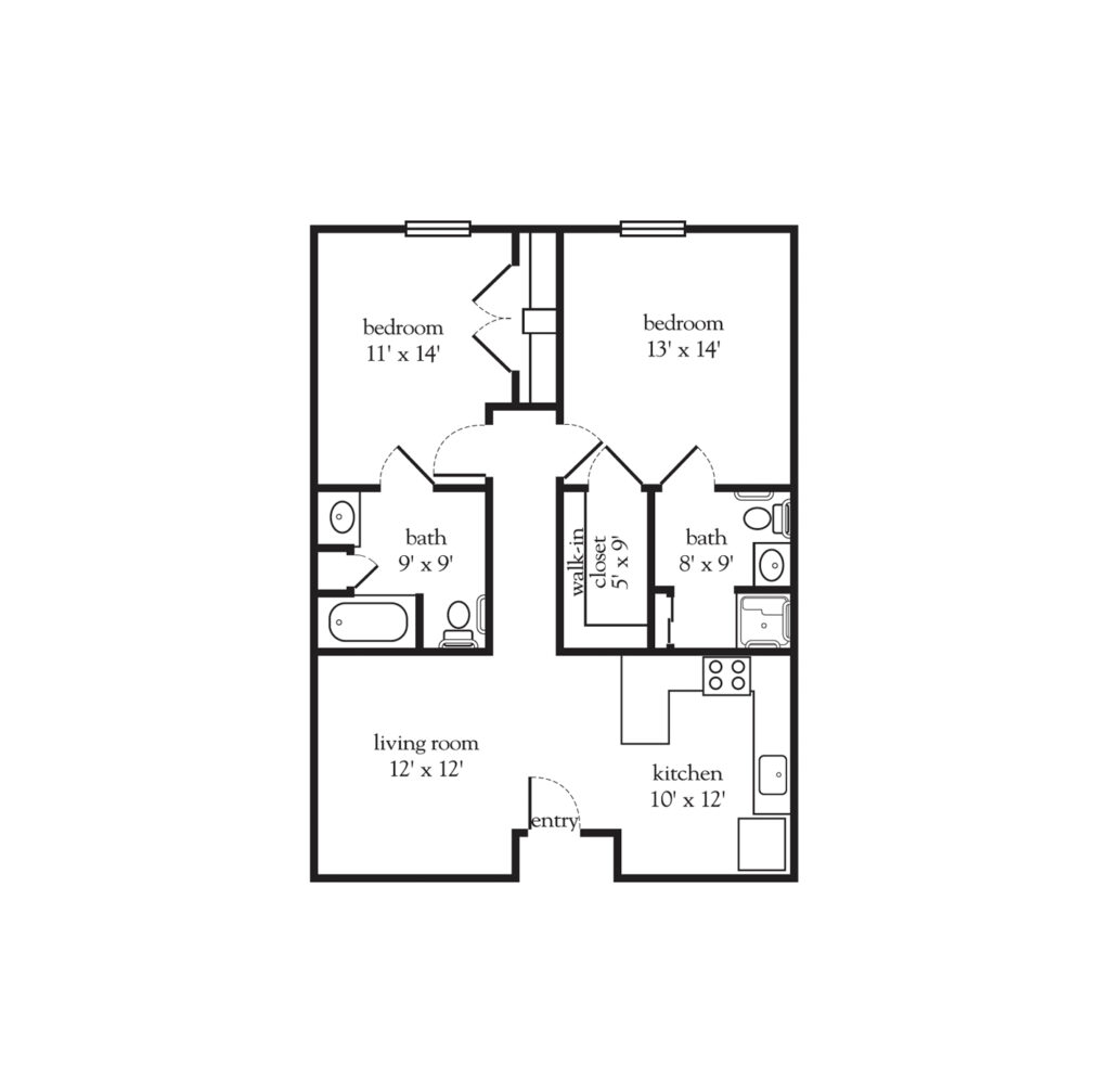 Collier Park layout with two bedrooms, two full bathrooms, spacious living room, and full functioning kitchen.