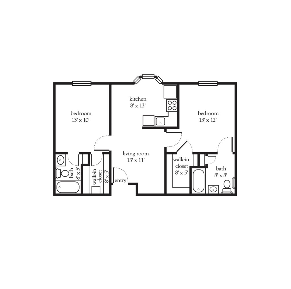 Collier Park layout with two bedrooms, two full bathrooms, eat-in kitchen, and spacious living room.