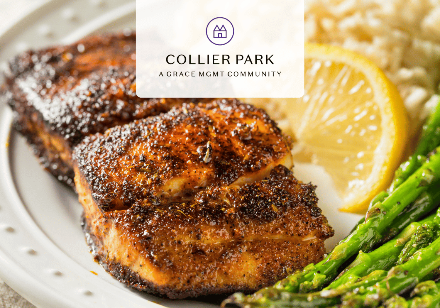 Plate of herb-crusted roasted chicken with a lemon wedge and green asparagus, featuring Collier Park branding overlay for the community page.