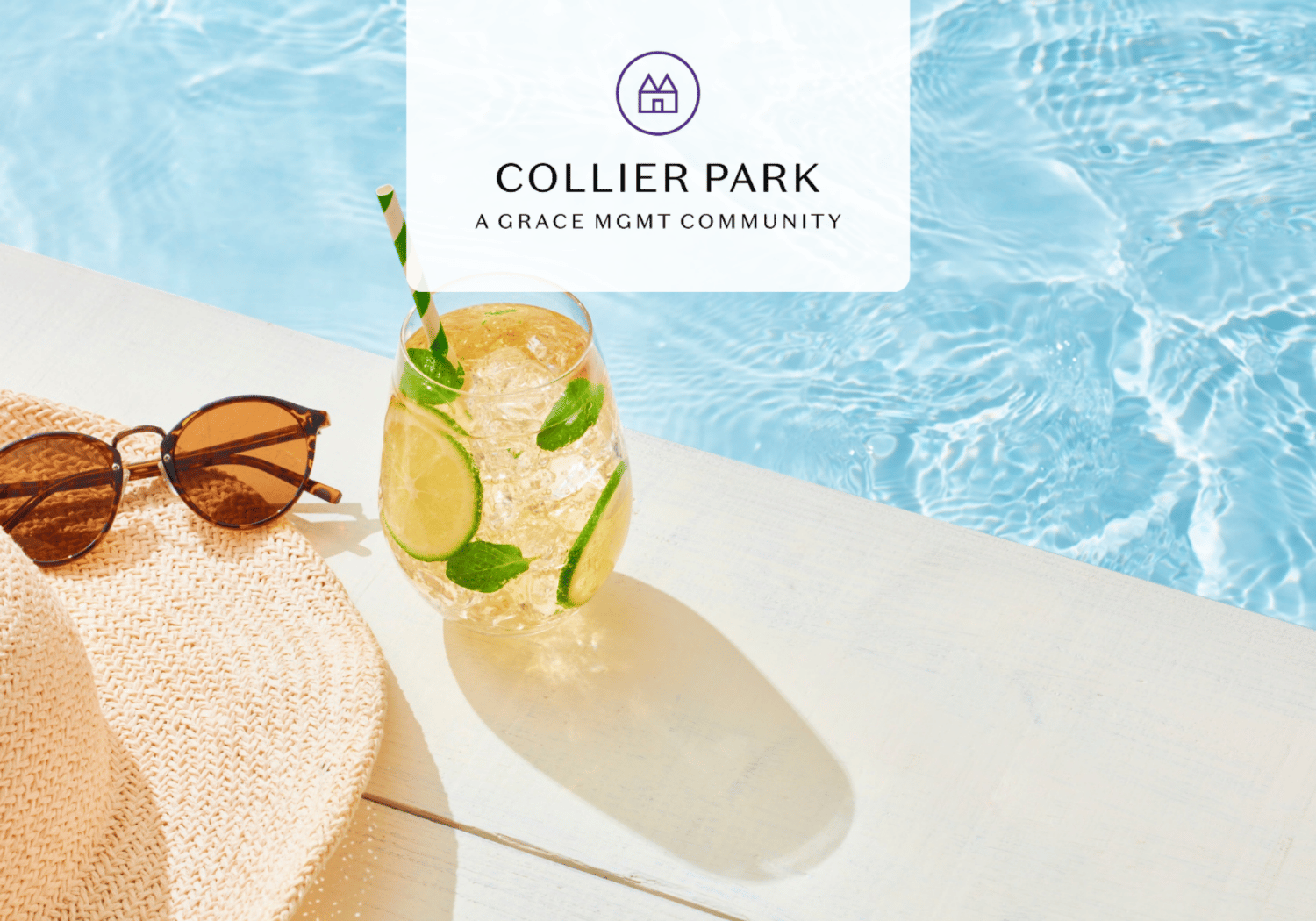 Poolside scene with a lemon-mint cocktail, striped straw, sunglasses, and a woven hat beside a bright blue pool; Collier Park branding overlay.