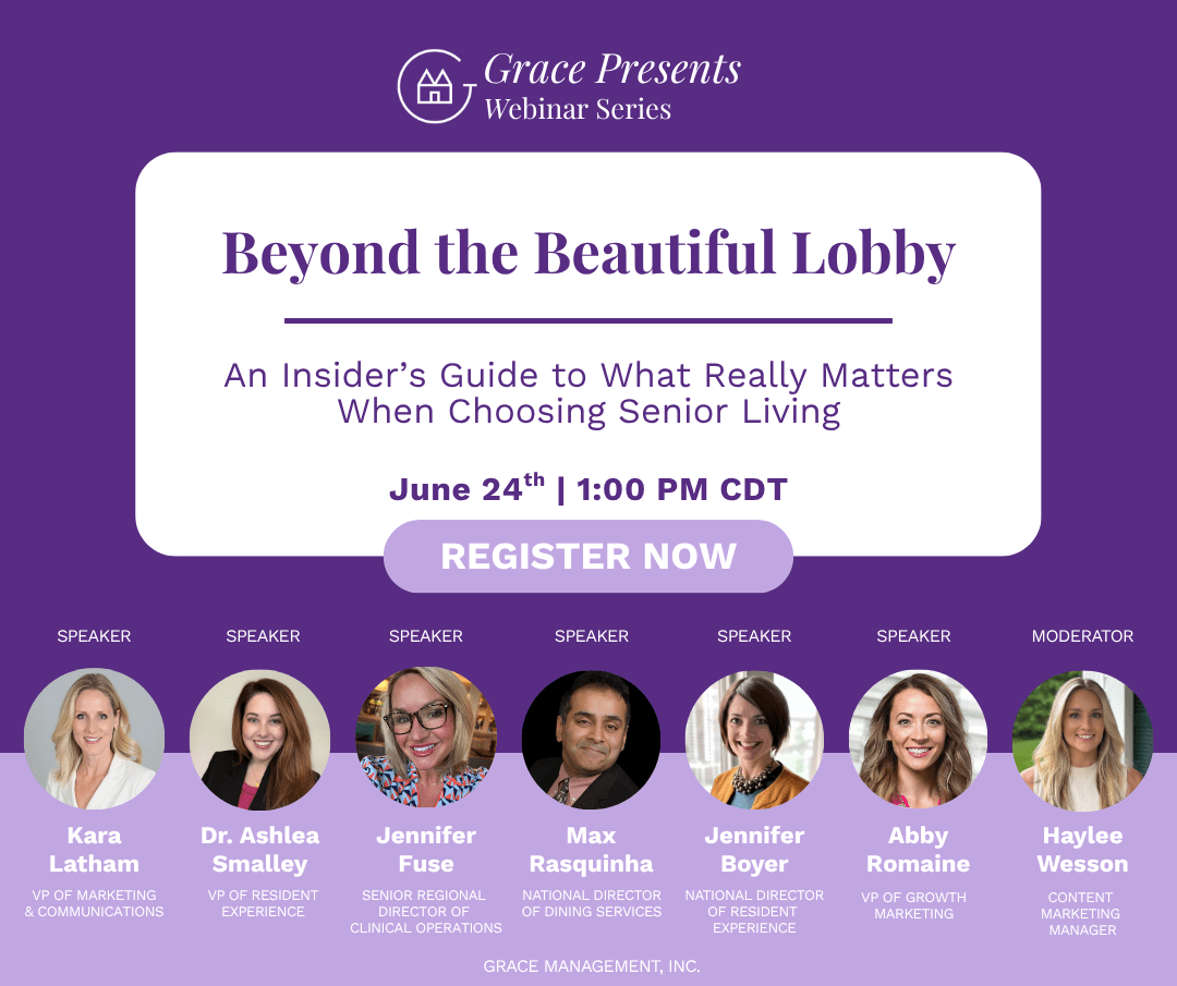 Grace Presents webinar poster for 'Beyond the Beautiful Lobby' with date June 24, 1:00 PM CDT and a Register Now button. Includes speaker lineup: Kara Latham, Dr. Ashlea Smalley, Jennifer Fuse, Max Rasquinha, Jennifer Bover, Abby Romaine, Haylee Wesson.