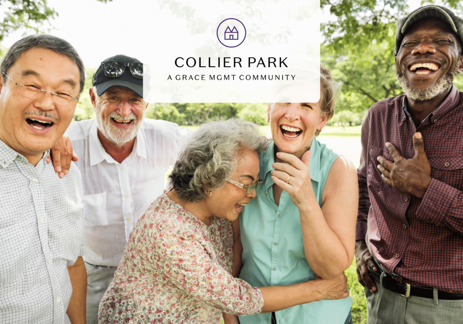 Group of five seniors laughing together outdoors in a sunny park; a translucent overlay reads 'COLLIER PARK' and 'A GRACE MGMT COMMUNITY'.
